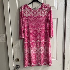 Donna Morgan Pink and White Lace-Pattern Long-Sleeve Shift Dress